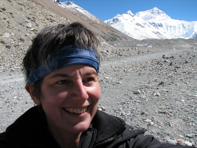 Linda, enjoying the good weather and the highest peak in the world. Everest Base Camp, Tibet.